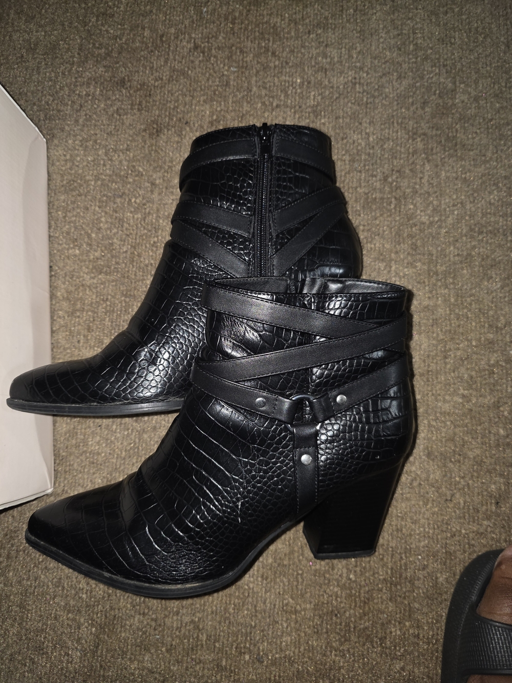 JustFab Black Croc-Embossed Ankle Booties with Wrap Straps